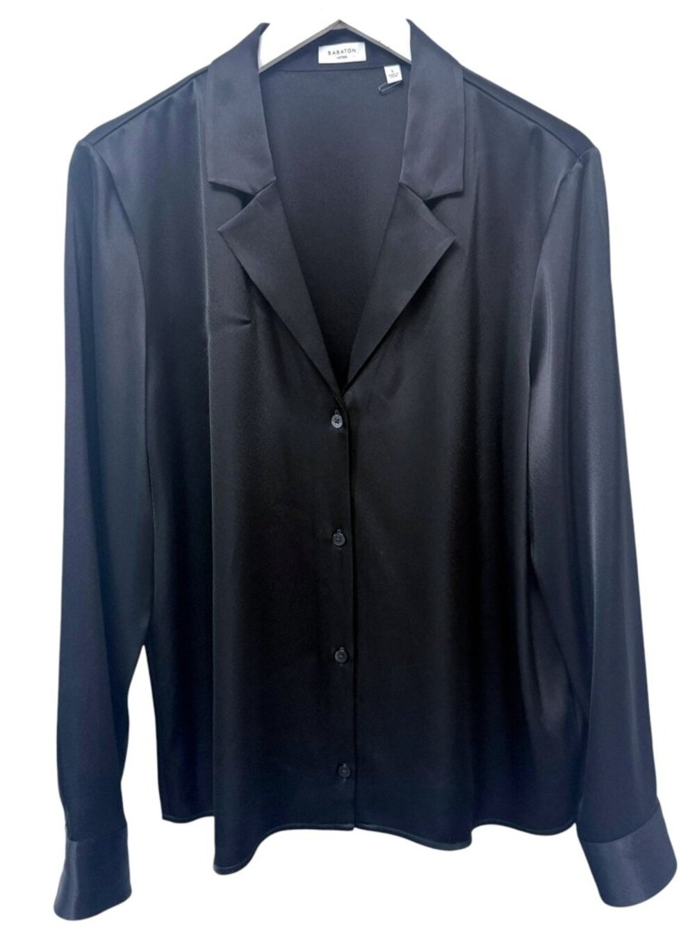 Babaton Aritzia Black Satin Blouse Size Large Elegant Button-Up Womens Top NWOT